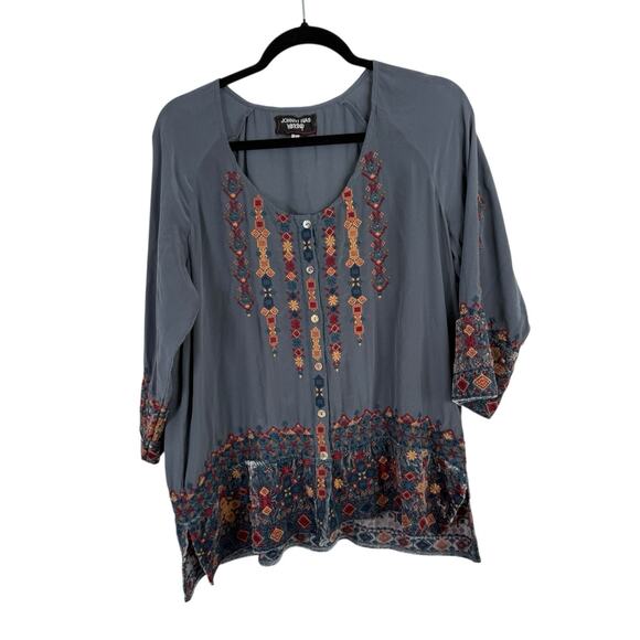 Johnny Was Blue Button Front Embroidered Blouse Boho Silk Velvet Womens Large - Picture 1 of 6